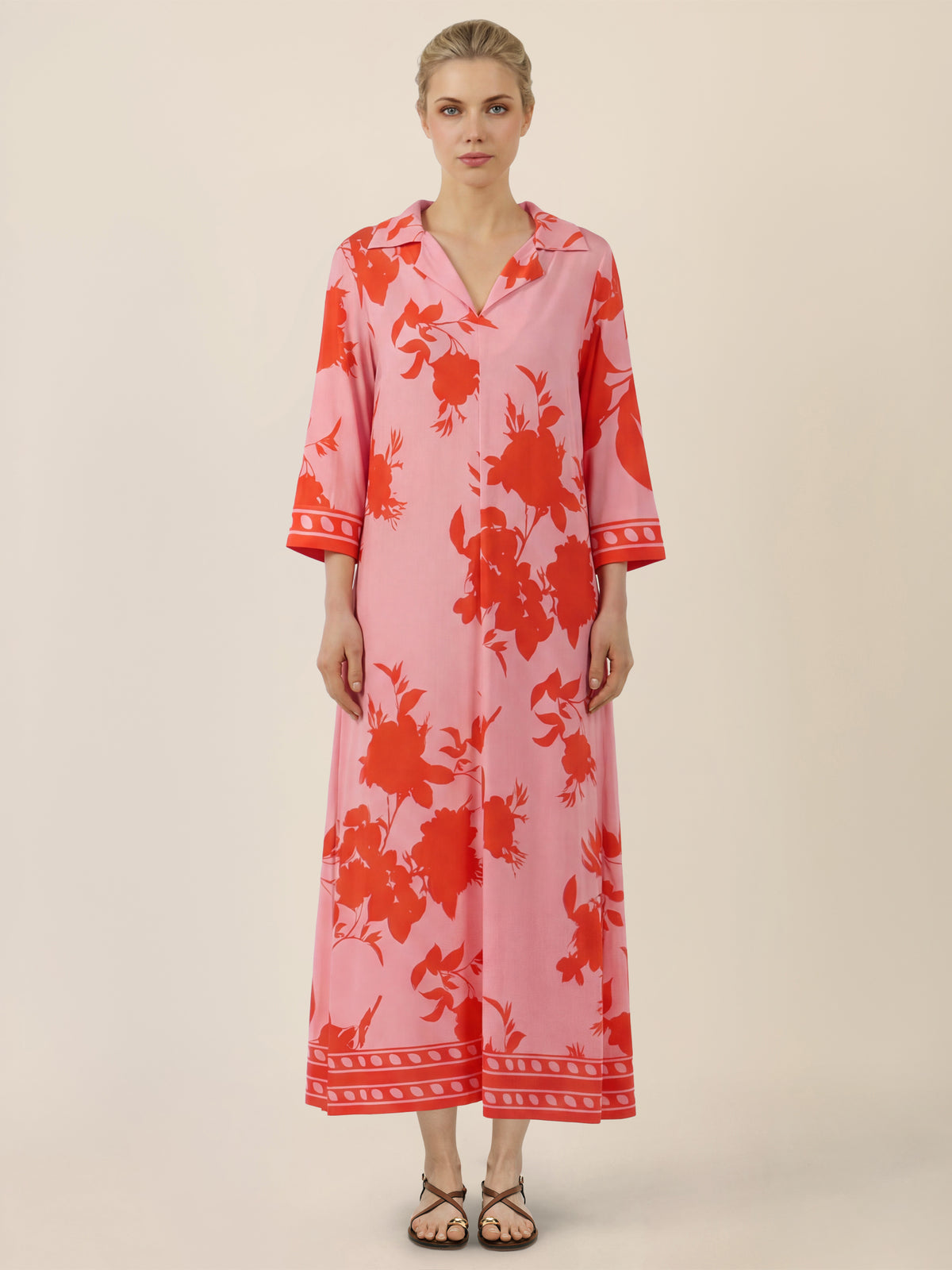 APART Kleid mit floralem Print und Stehkragen | pink-orange