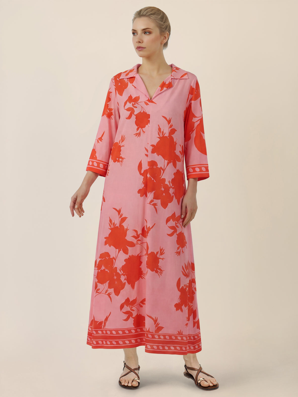 APART Kleid mit floralem Print und Stehkragen | pink-orange