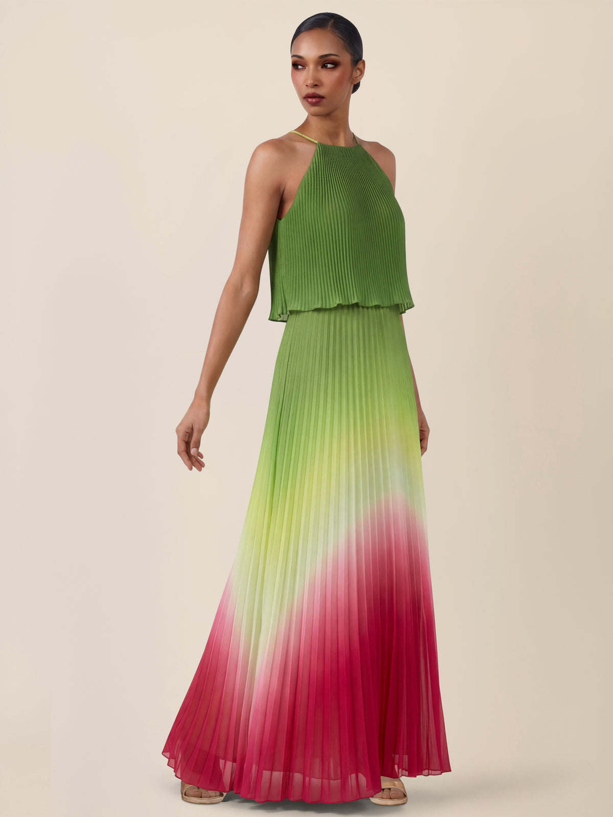 APART Plissiertes Langes Chiffonkleid mit Farbverlauf | grün-multicolor