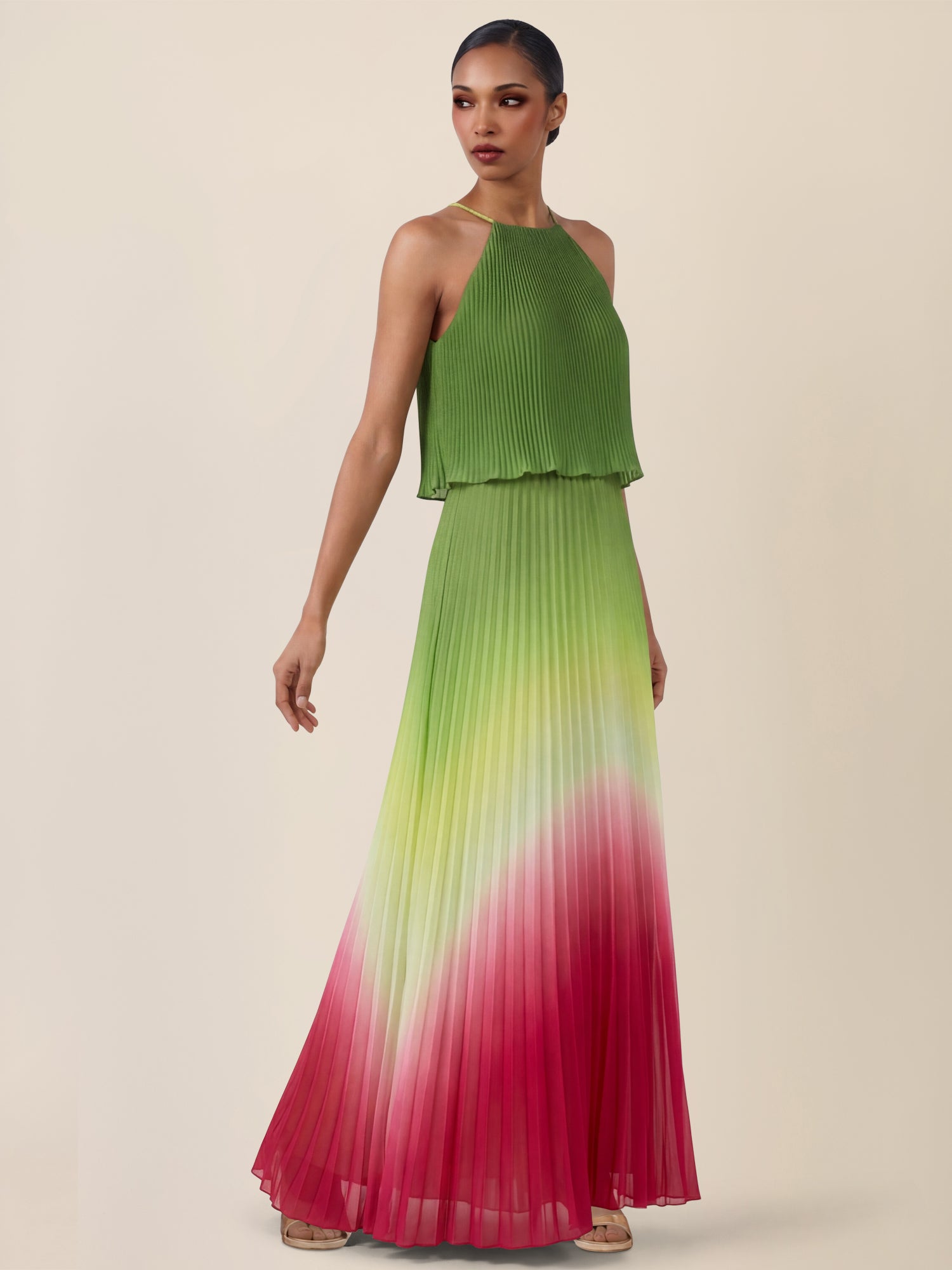 APART Plissiertes Langes Chiffonkleid mit Farbverlauf | grün-multicolor