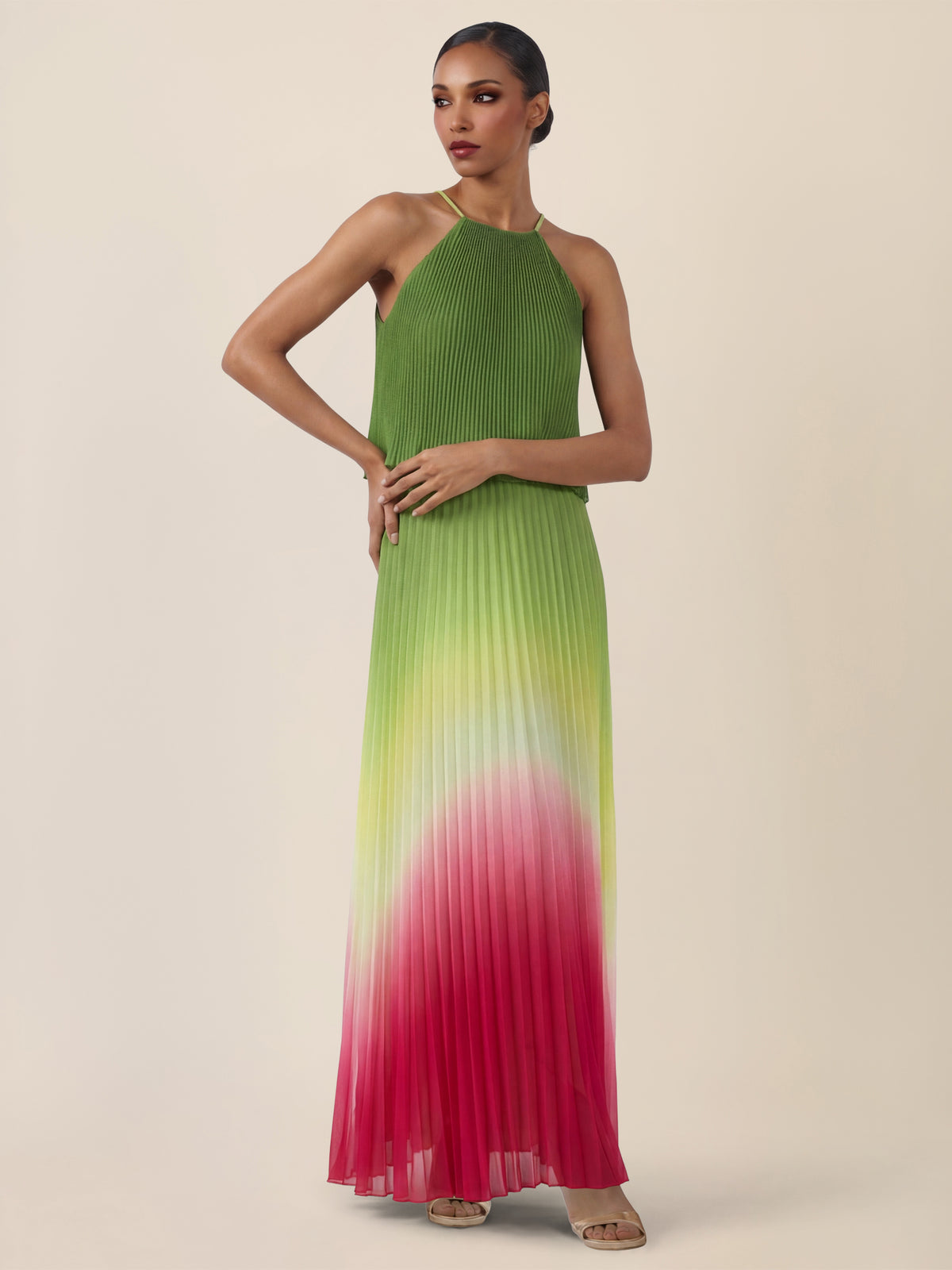 APART Plissiertes Langes Chiffonkleid mit Farbverlauf | grün-multicolor