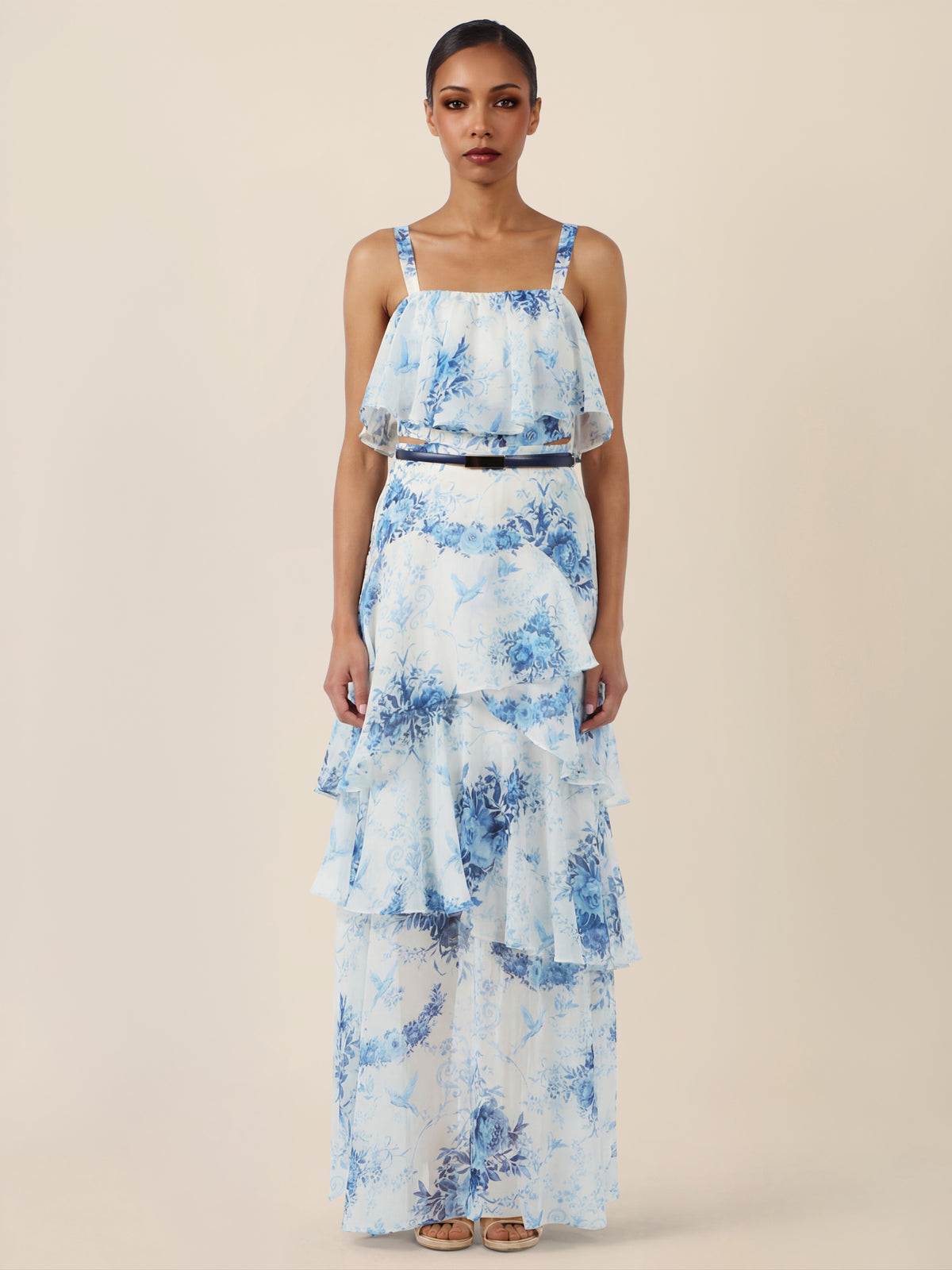 APART Stufenkleid mit Volants und floraler Eleganz | creme-blau