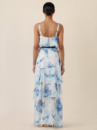 APART Stufenkleid mit Volants und floraler Eleganz | creme-blau