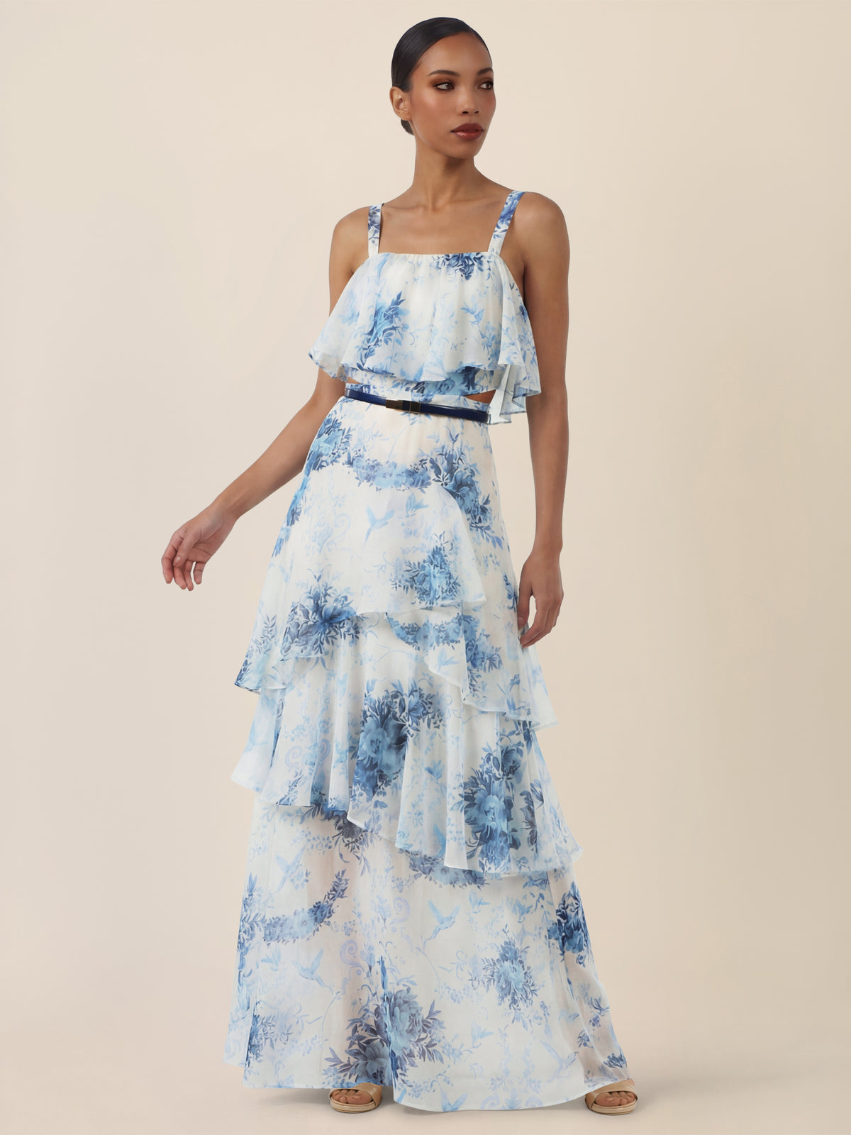 APART Stufenkleid mit Volants und floraler Eleganz | creme-blau