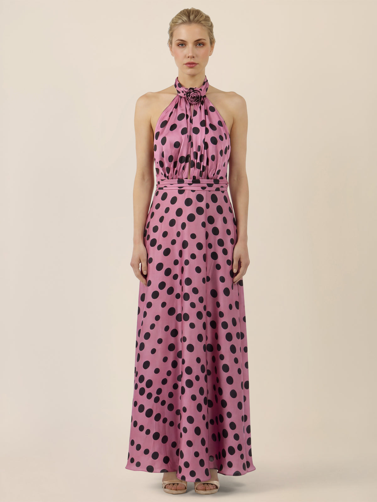 APART Elegantes Neckholder-Kleid mit Polka Dots | rosé-schwarz
