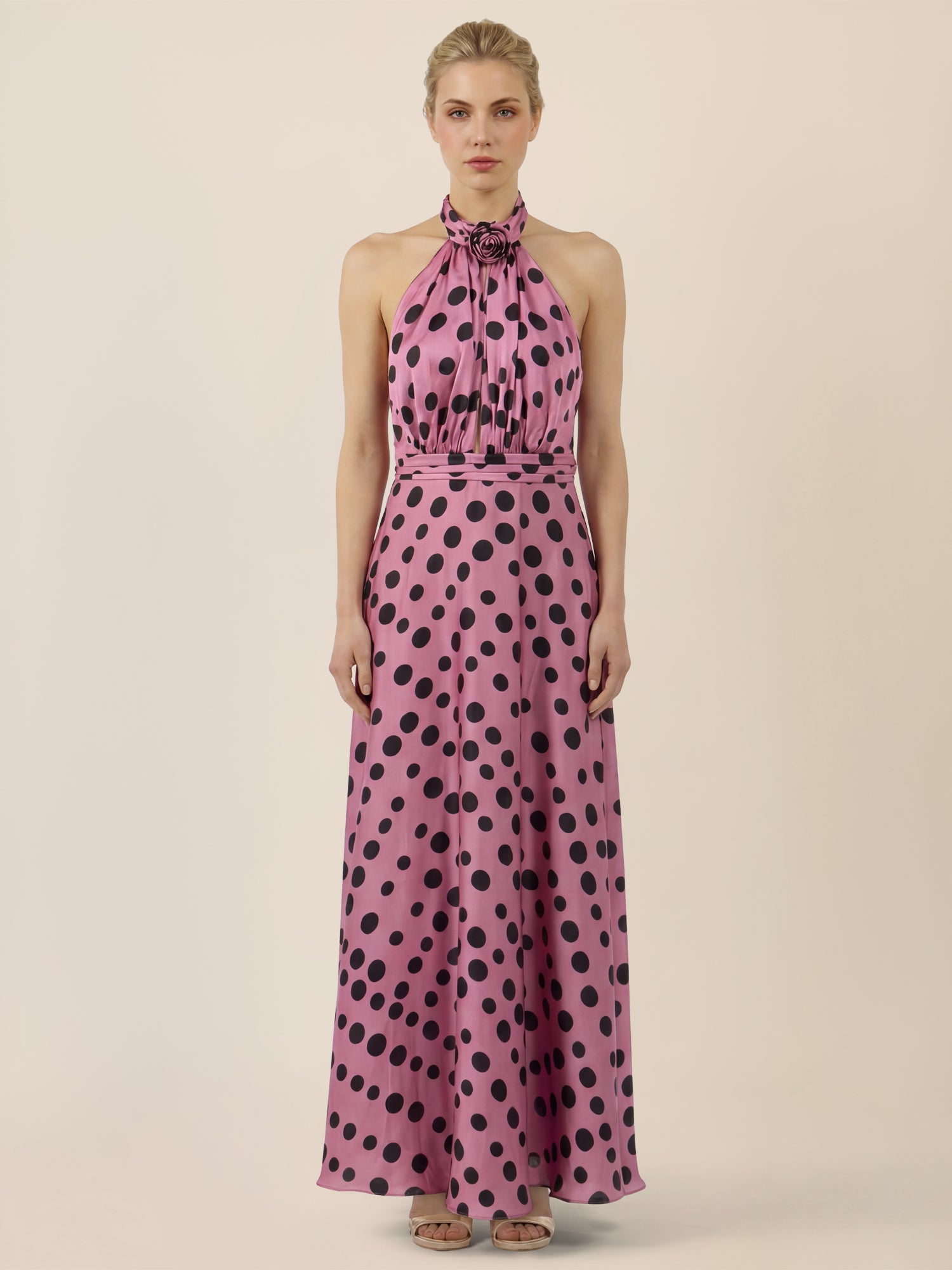 APART Elegantes Neckholder-Kleid mit Polka Dots | rosé-schwarz
