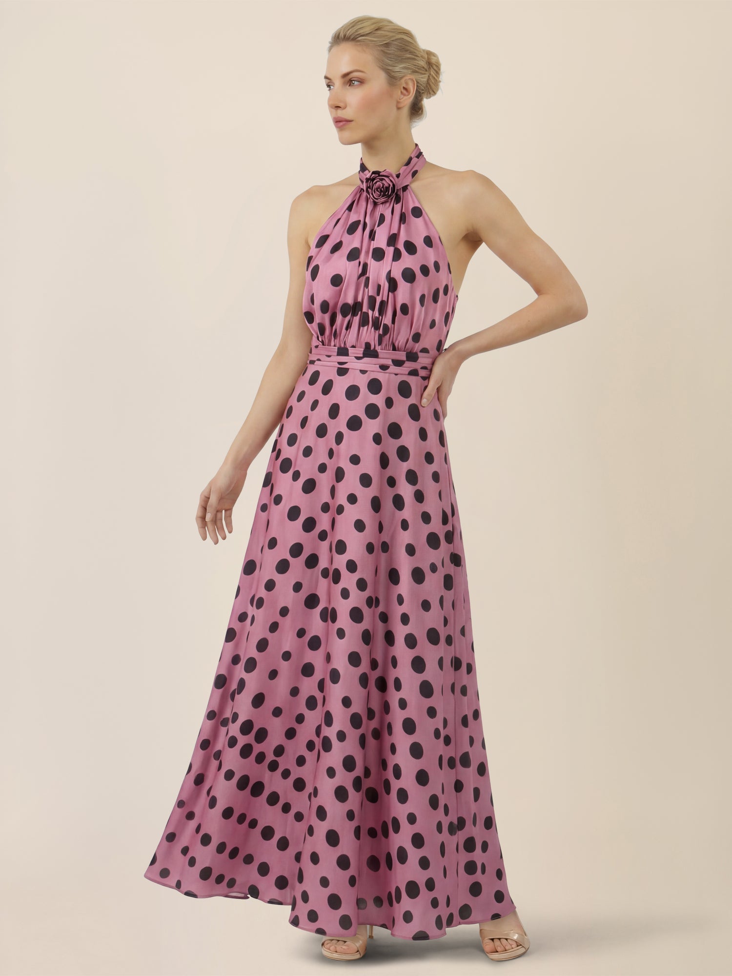 APART Elegantes Neckholder-Kleid mit Polka Dots | rosé-schwarz