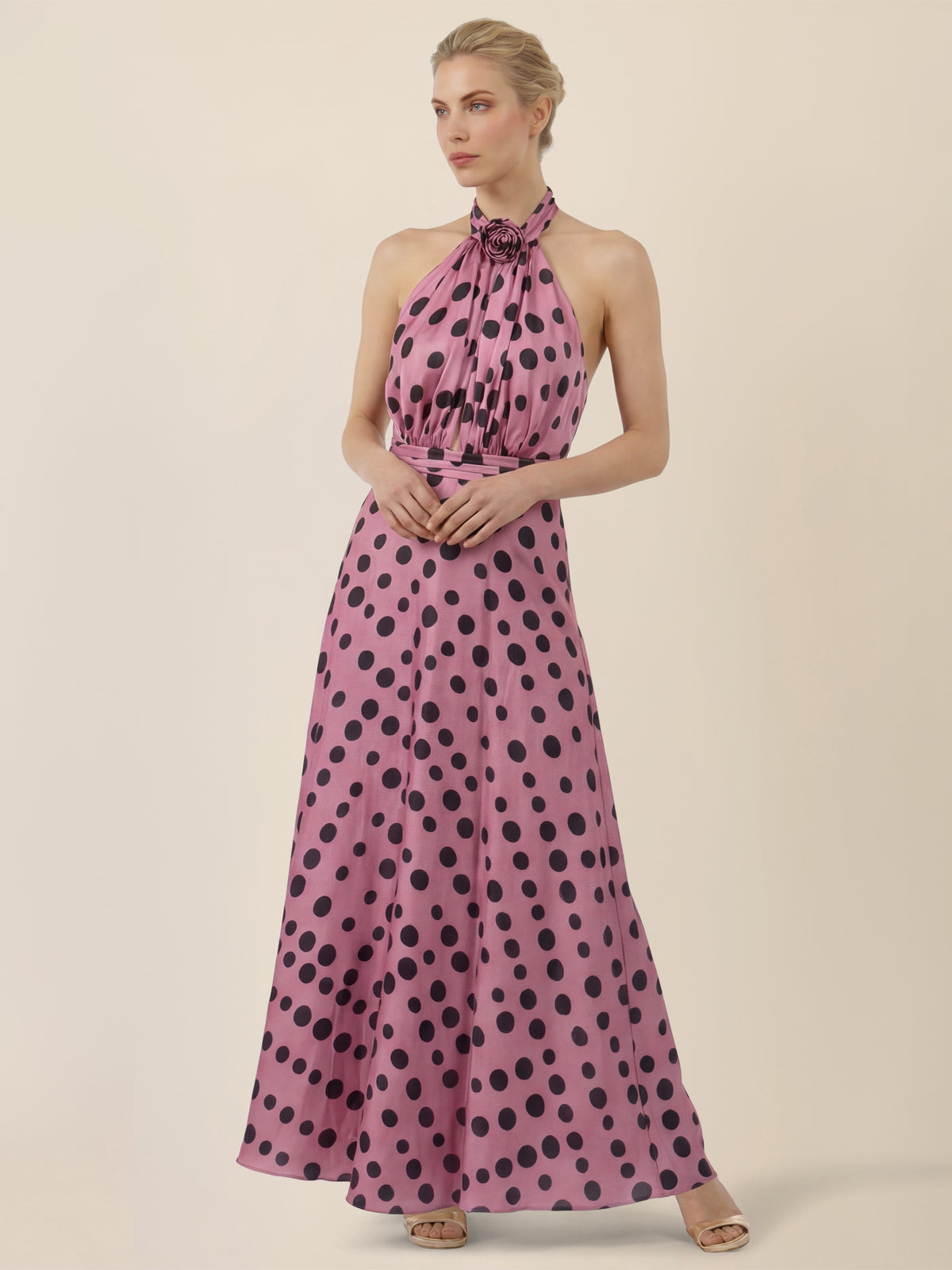 APART Elegantes Neckholder-Kleid mit Polka Dots | rosé-schwarz