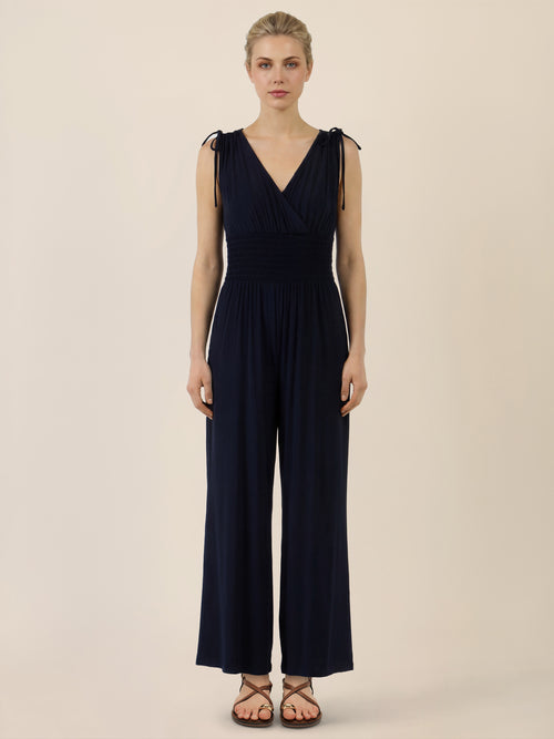 APART Jumpsuit mit Smokdetail und Bindeträgern | nachtblau image 1