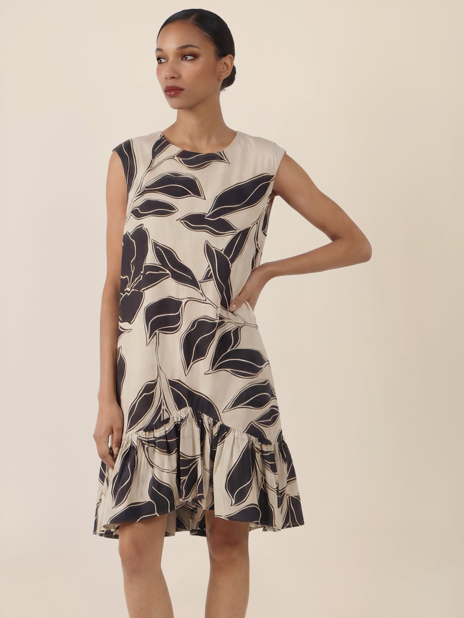 APART Ärmelloses Volantkleid mit Print | beige-schwarz