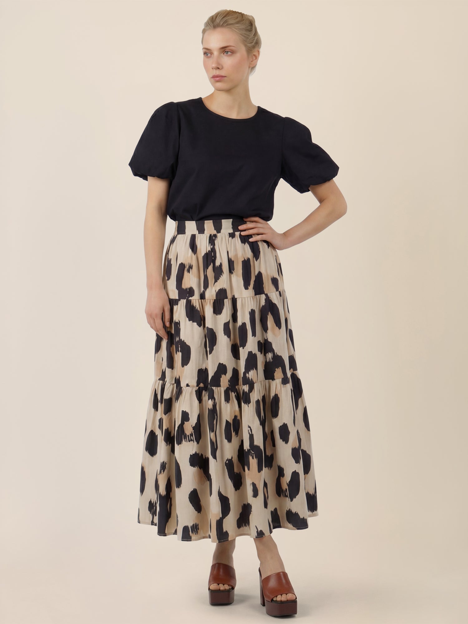 APART Stufenrock mit abstraktem Animalprint | beige-multicolor