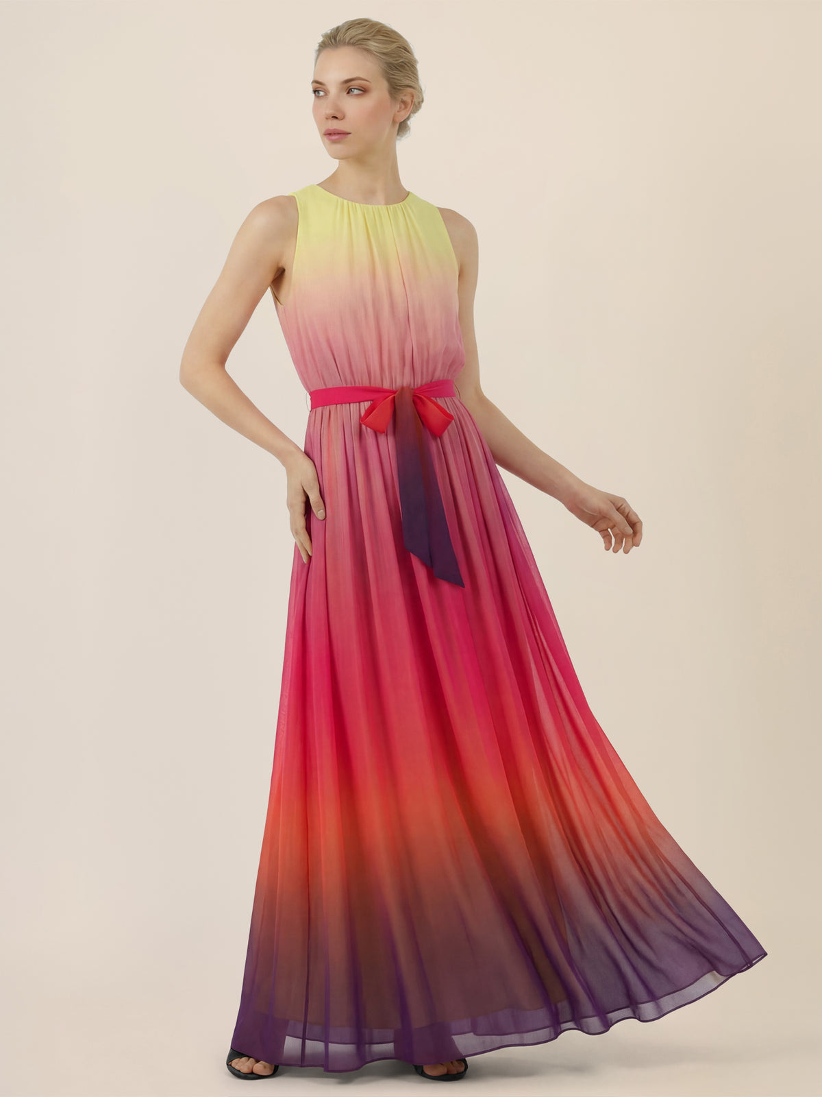 APART Chiffonkleid mit Farbverlauf und Taillenband | gelb-multicolor