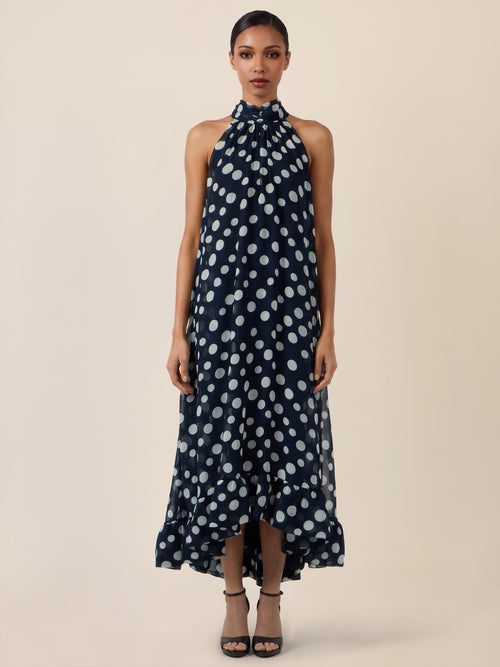 APART Maxikleid mit Neckholder und Volantsaum | nachtblau-creme image 1