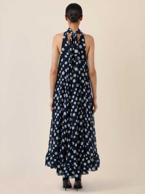 APART Maxikleid mit Neckholder und Volantsaum | nachtblau-creme image 1