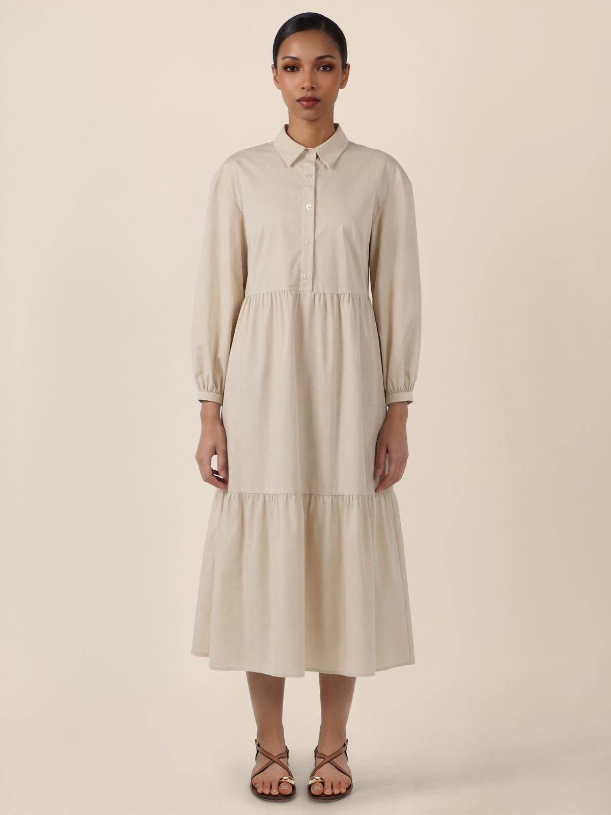 APART Popeline-Midikleid mit Hemdkragen | beige