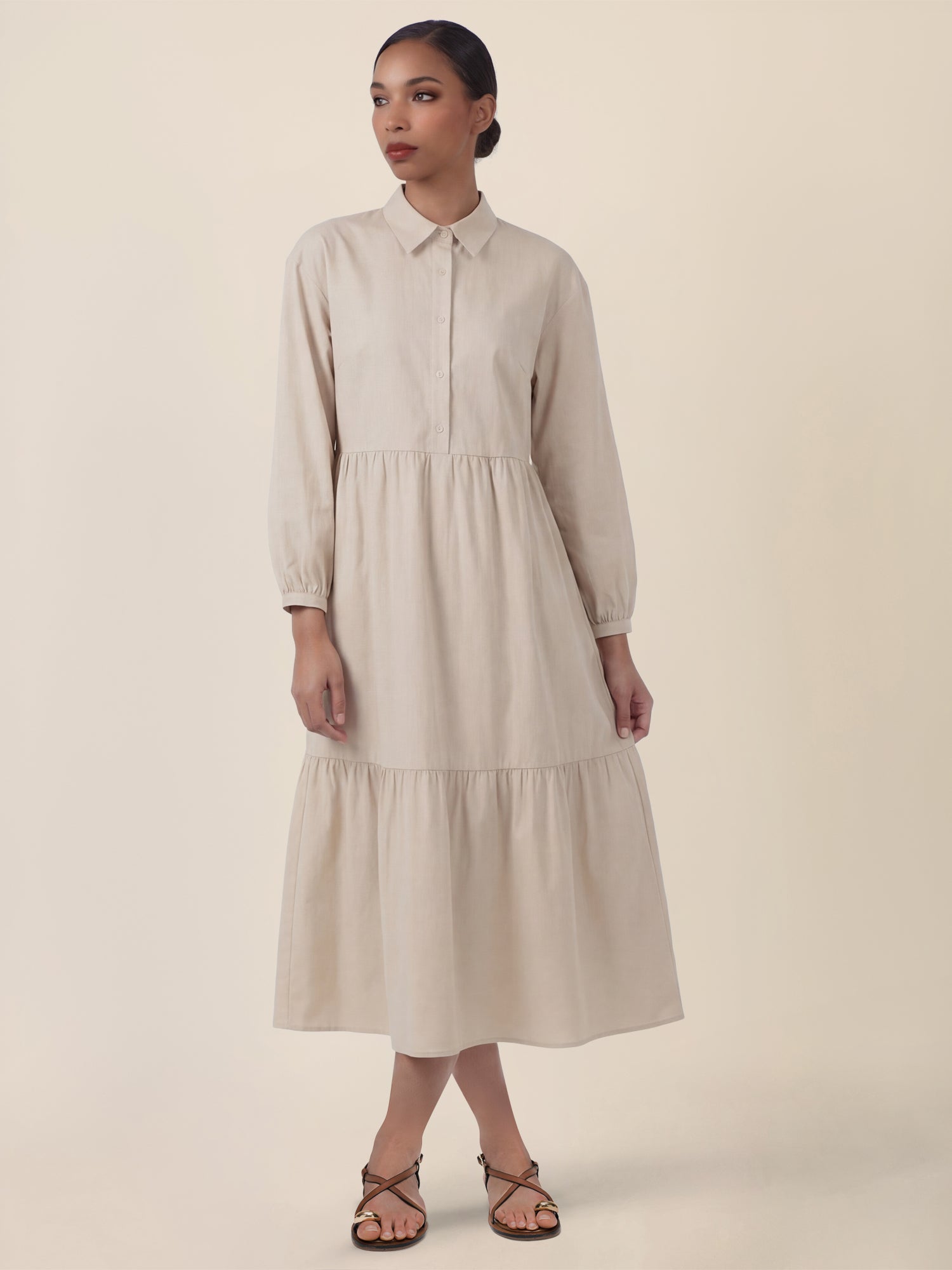 APART Popeline-Midikleid mit Hemdkragen | beige