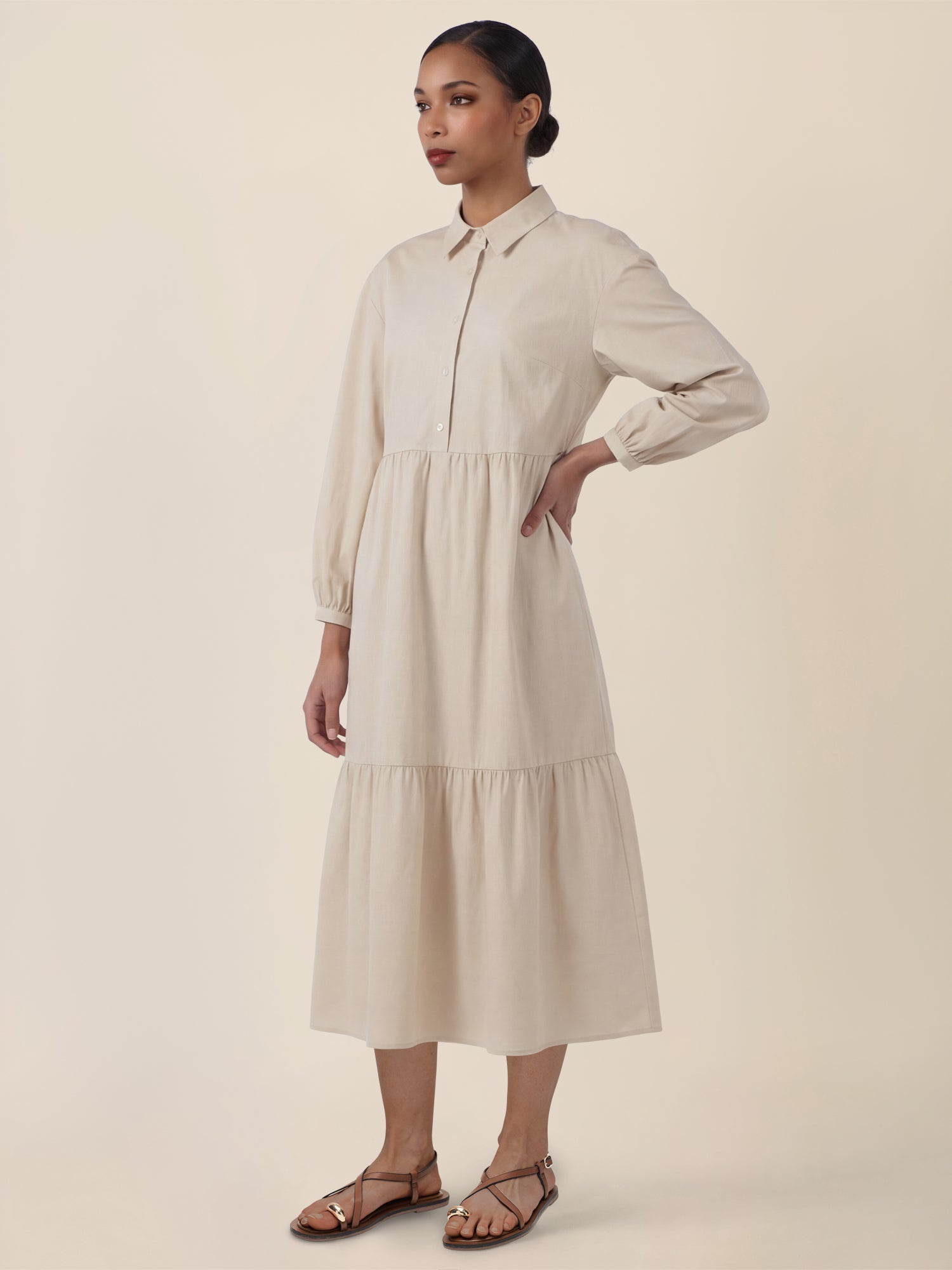 APART Popeline-Midikleid mit Hemdkragen | beige