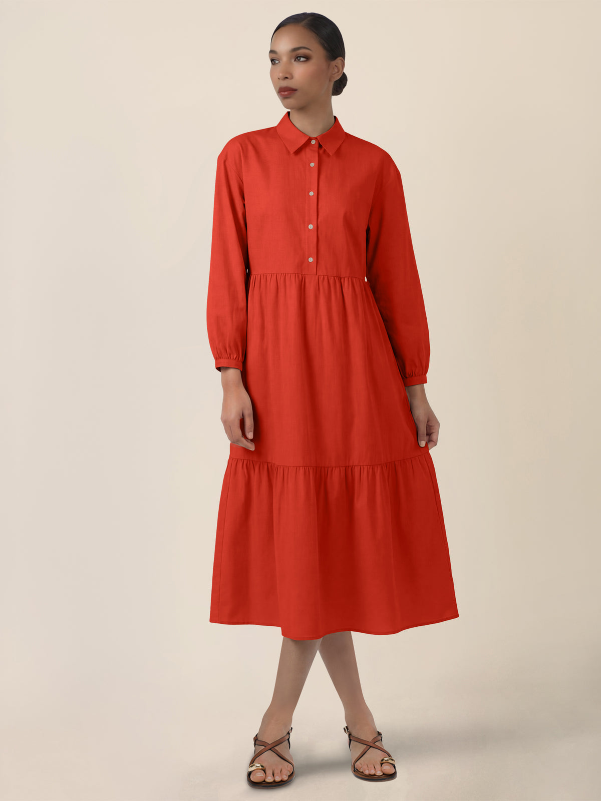 APART Popeline-Midikleid mit Hemdkragen | orange