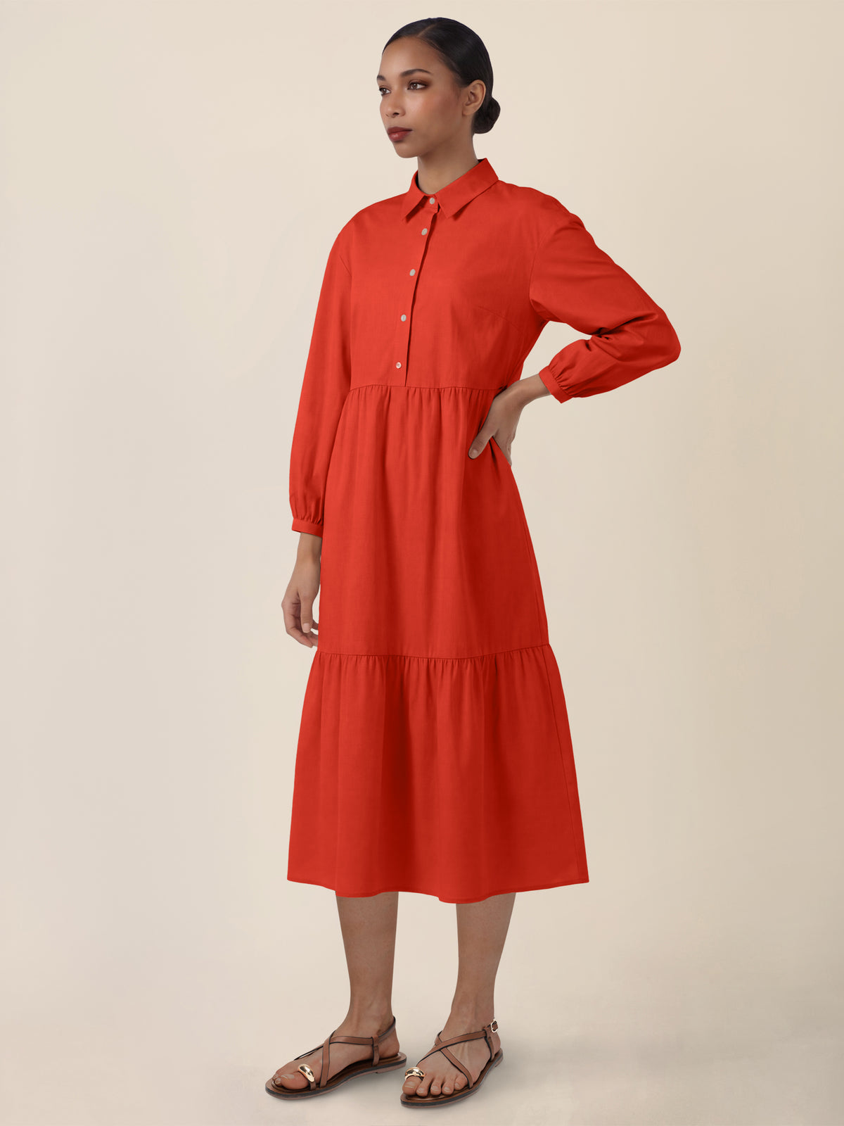 APART Popeline-Midikleid mit Hemdkragen | orange