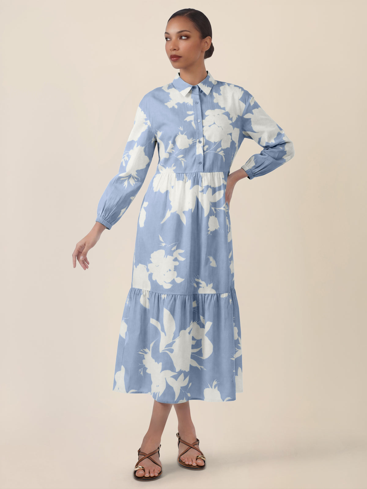 APART Hemdblusenkleid mit floralem Allover-Print | hellblau-creme