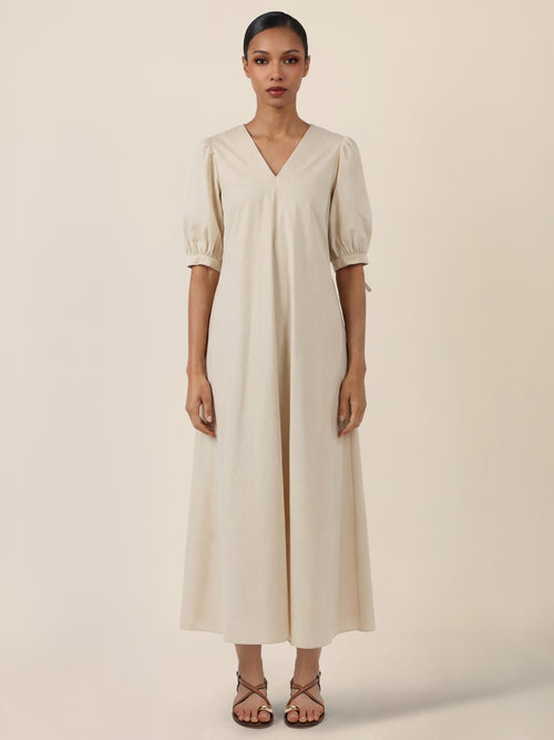 APART Kleid mit Puffärmeln und V-Ausschnitt | beige image 1