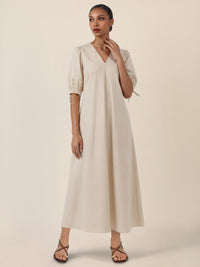 APART Kleid mit Puffärmeln und V-Ausschnitt | beige