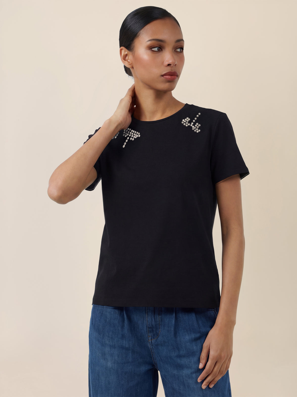 APART T-Shirt mit Schmuckstein-Dekor | schwarz