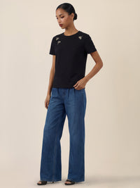 APART T-Shirt mit Schmuckstein-Dekor | schwarz