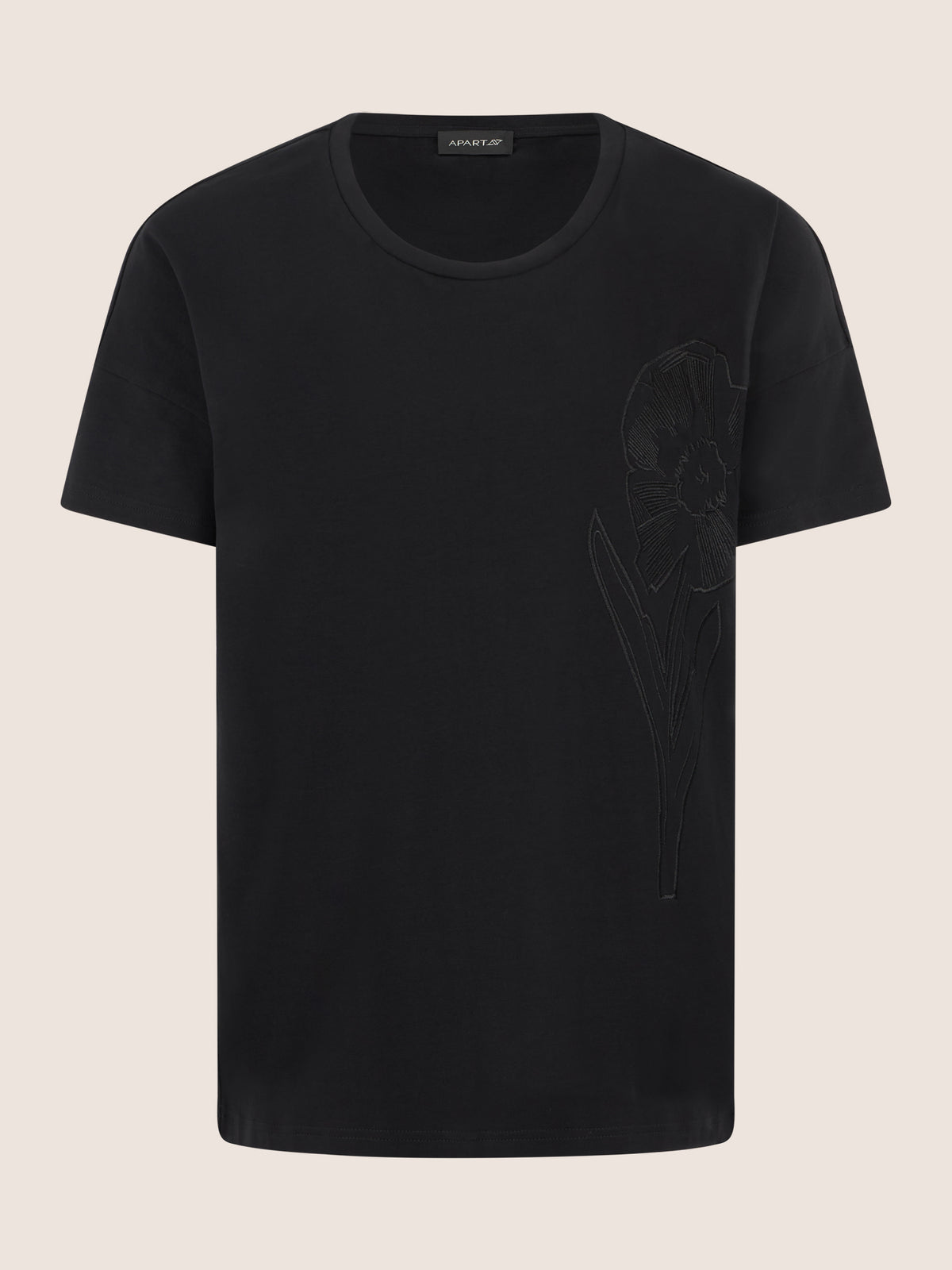 APART T-Shirt mit floraler Ton-in-Ton-Stickerei | schwarz