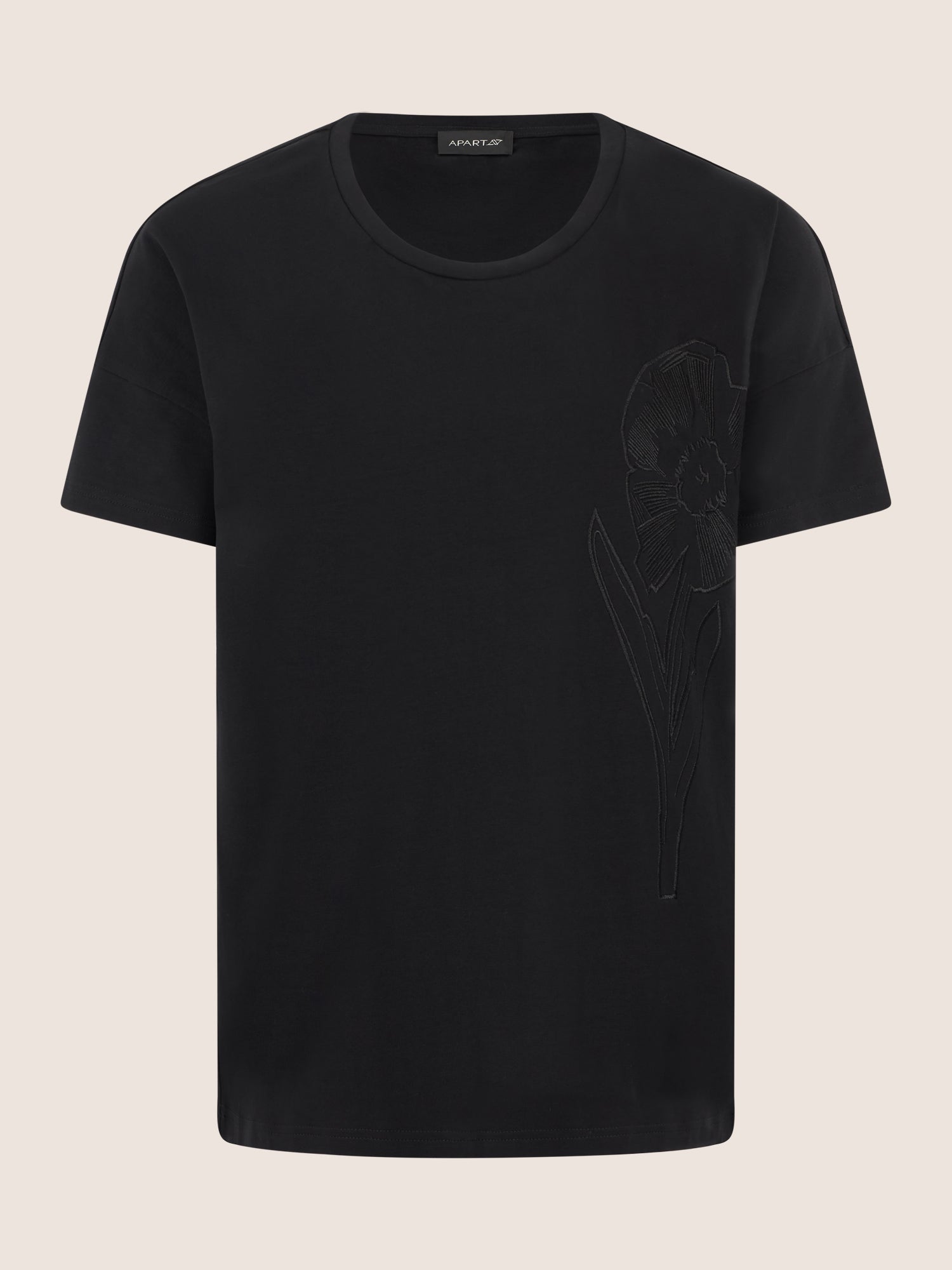 APART T-Shirt mit floraler Ton-in-Ton-Stickerei | schwarz