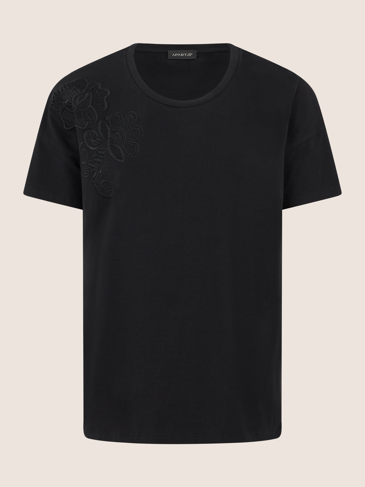 APART T-Shirt mit floraler Spitze auf der Schulter | schwarz