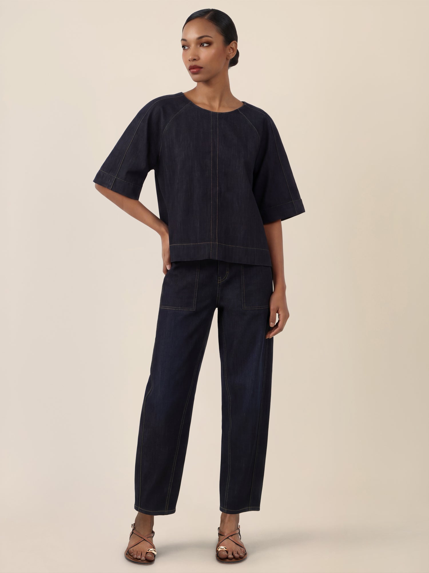 APART Bluse mit Rundhalsausschnitt und kurzen Ärmeln | dunkelblau