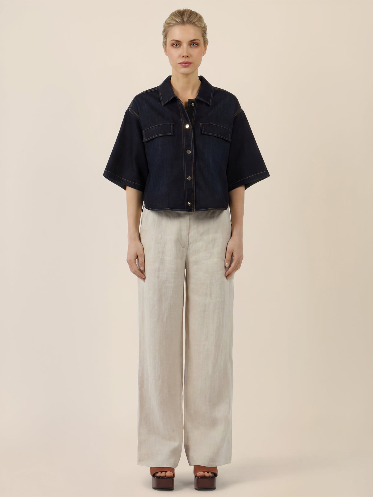 APART Kurzarm-Jeansjacke mit Druckknöpfen | dunkelblau