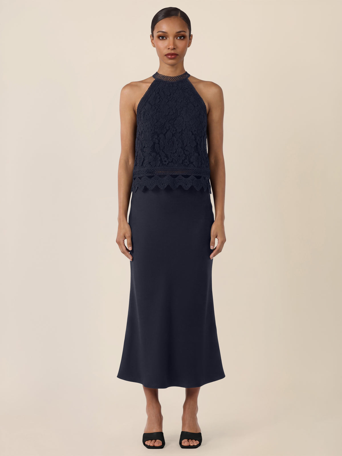 APART Ausgestellter Midirock in fließender Satin-Qualität | nachtblau