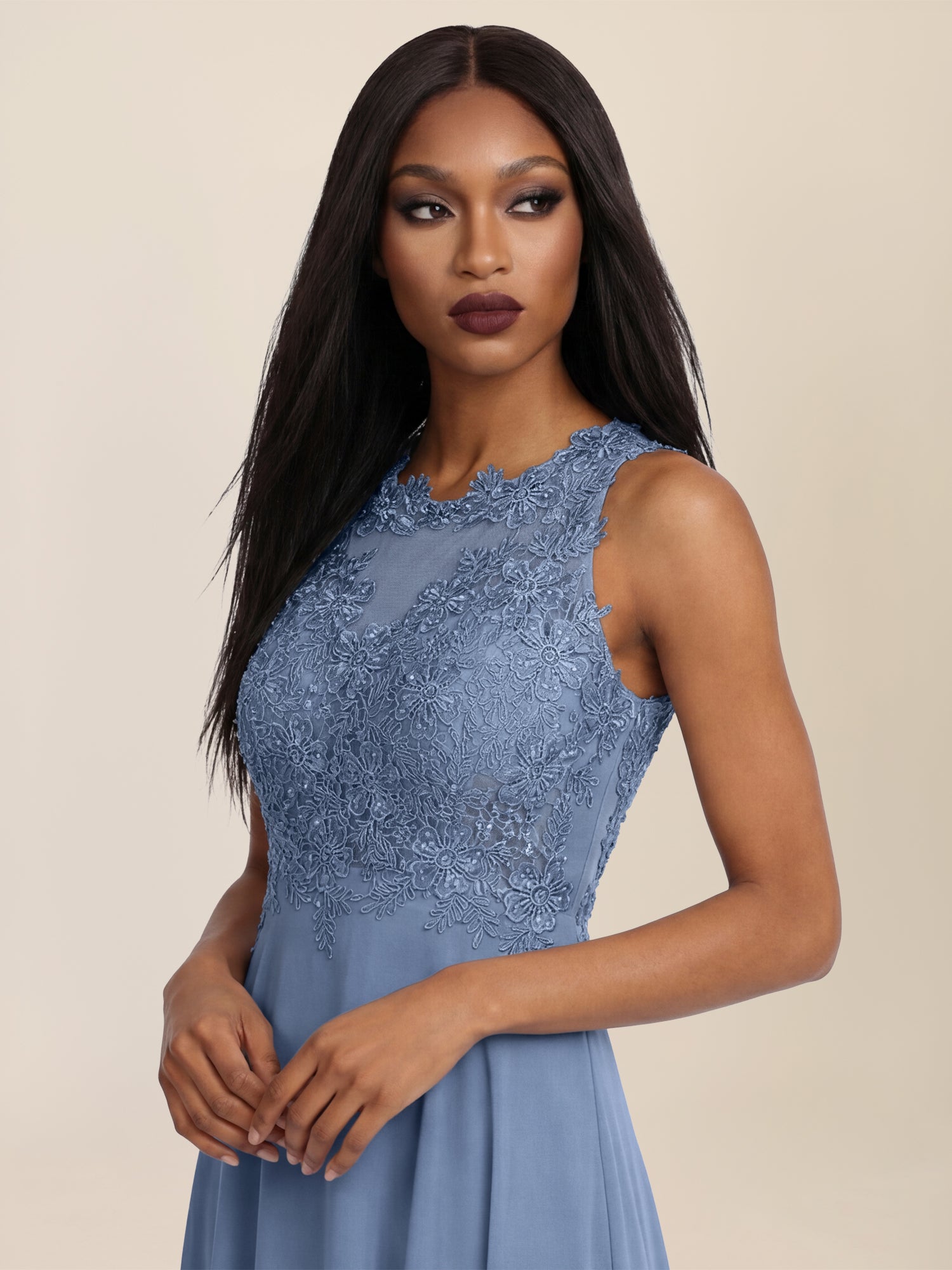 APART Abendkleid mit floraler Spitze und fließendem Rock | rauchblau