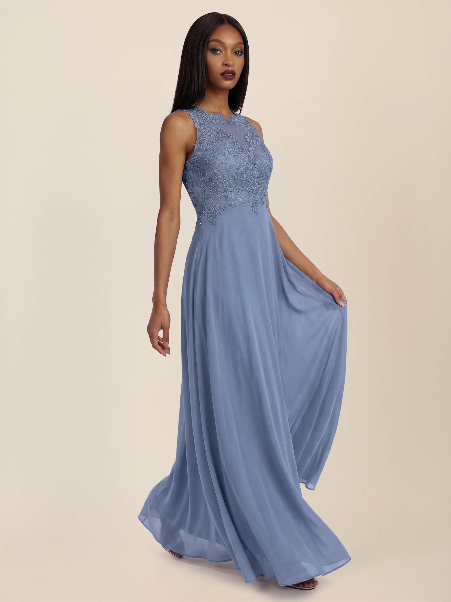 APART Abendkleid mit floraler Spitze und fließendem Rock | rauchblau