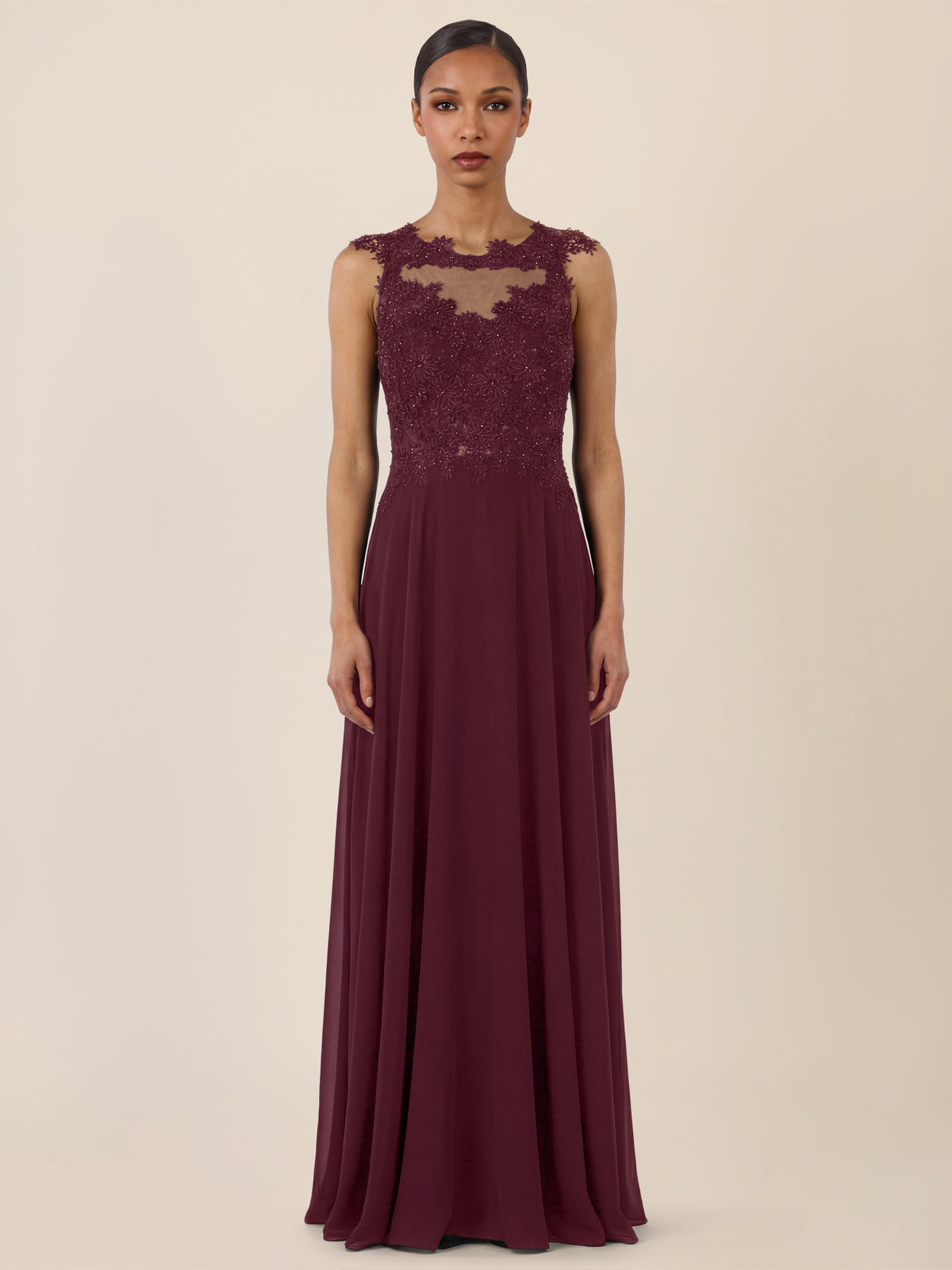 APART Abendkleid mit floraler Spitze und fließendem Rock | weinrot