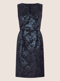 APART Etuikleid mit Glanzjacquard und V-Ausschnitt | nachtblau-metallic