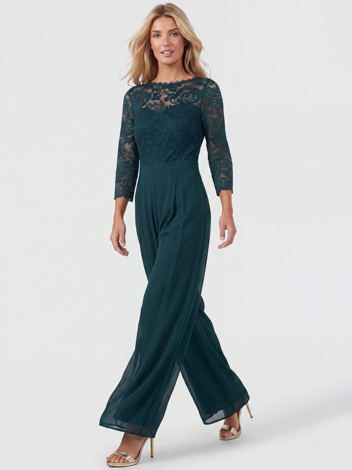 APART Overall aus elastischer Spitze und Chiffon | emerald
