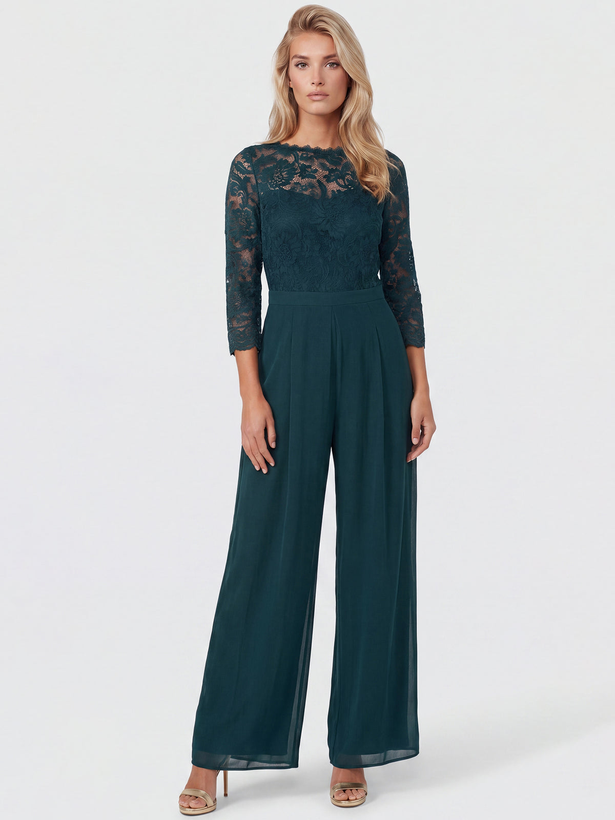 APART Overall aus elastischer Spitze und Chiffon | emerald