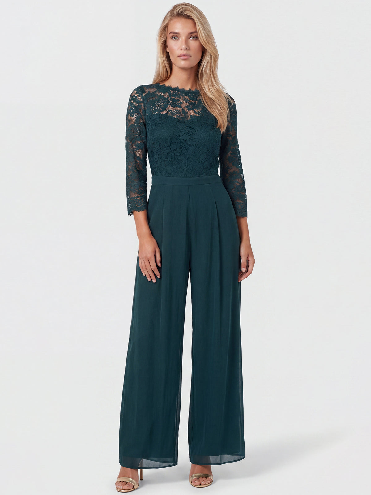 APART Overall aus elastischer Spitze und Chiffon | emerald
