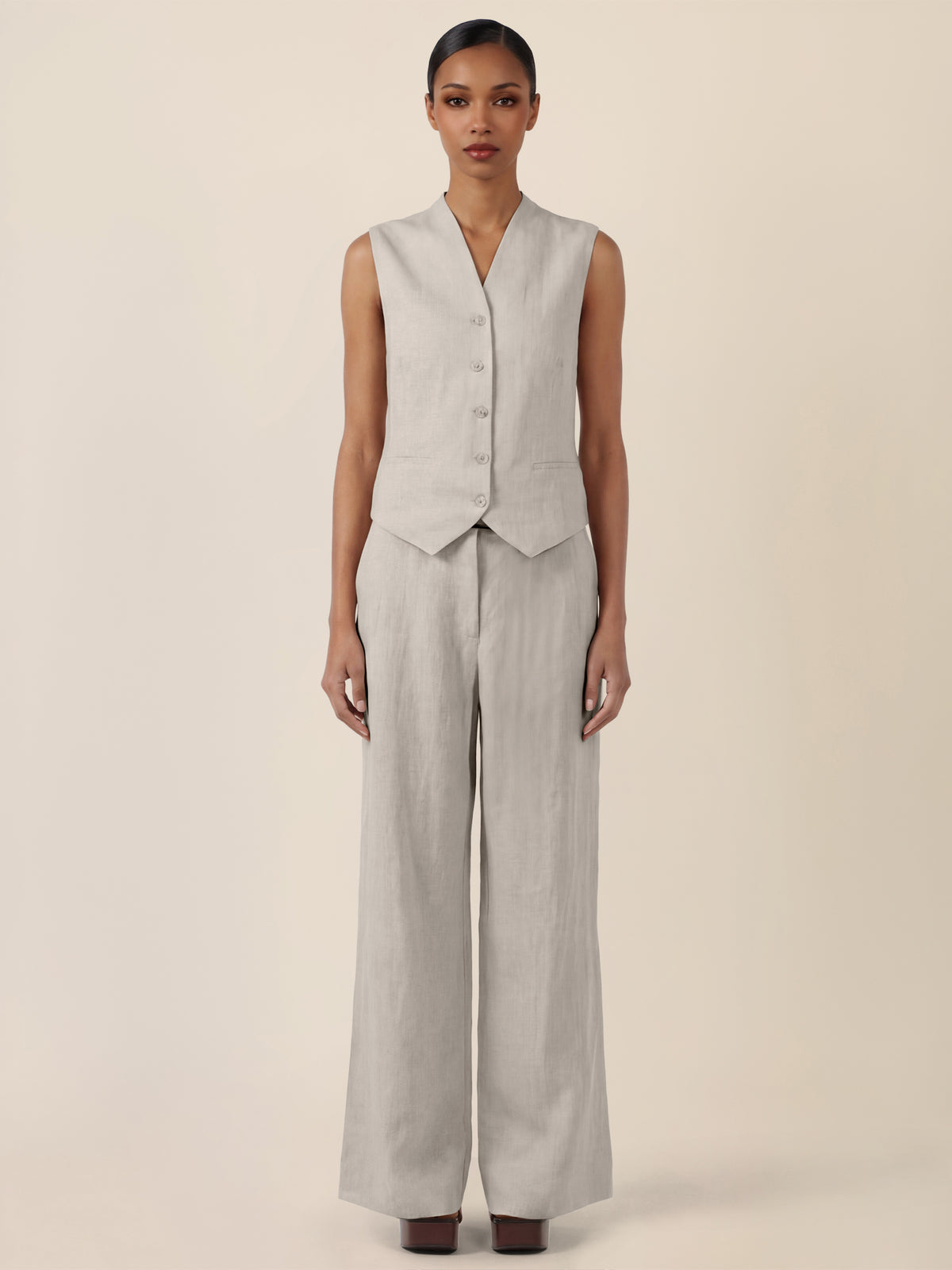 APART Leinen-Weste mit Stehkragen und Zierknöpfen | beige-meliert