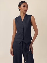 APART Leinen-Weste mit Stehkragen und Zierknöpfen | nachtblau