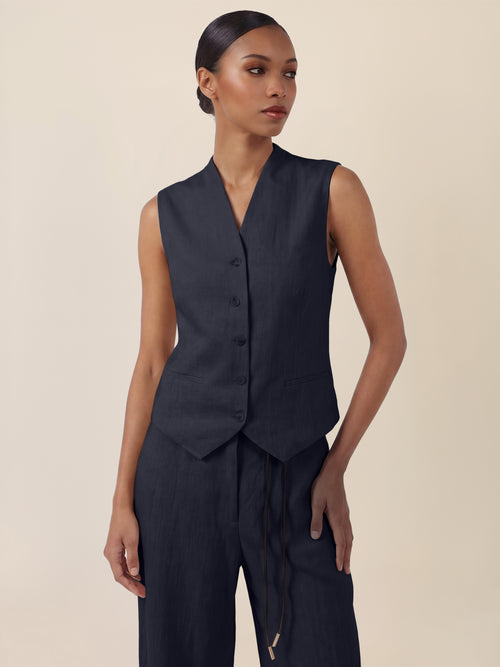 APART Leinen-Weste mit Stehkragen und Zierknöpfen | nachtblau image 1