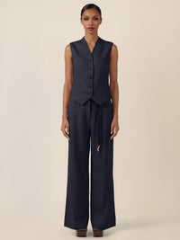 APART Leinen-Weste mit Stehkragen und Zierknöpfen | nachtblau