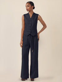 APART Leinen-Weste mit Stehkragen und Zierknöpfen | nachtblau