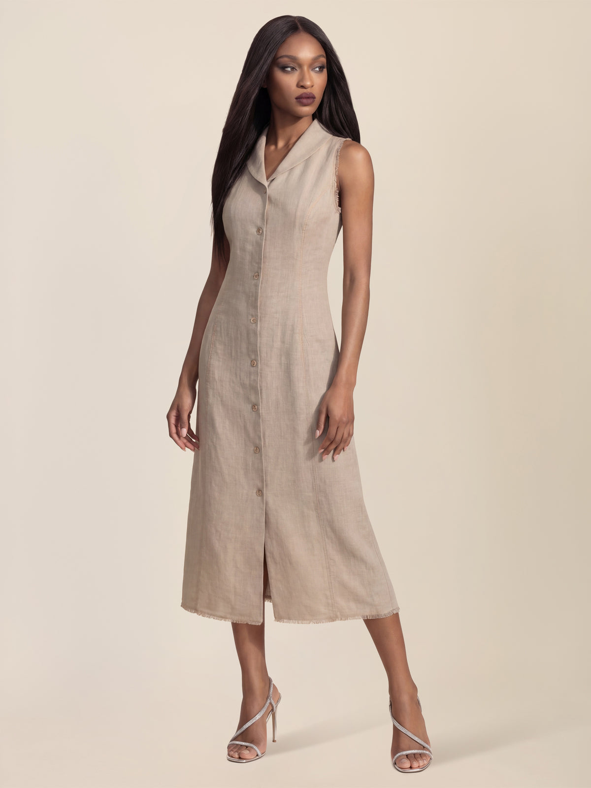 APART Ärmelloses Leinenkleid mit Schalkragen | beige-meliert