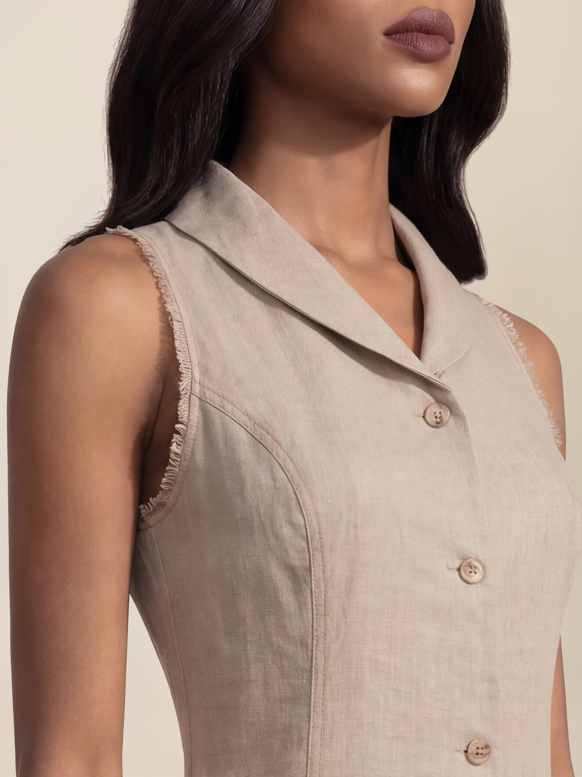 APART Ärmelloses Leinenkleid mit Schalkragen | beige-meliert