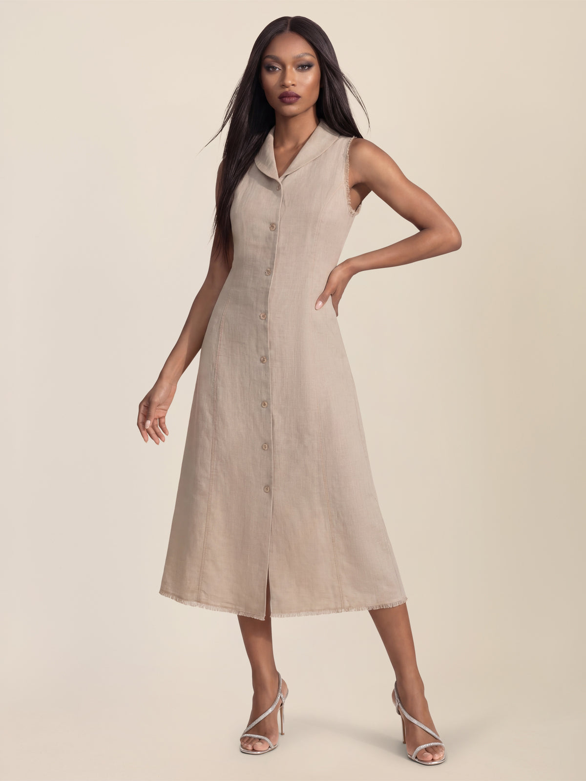 APART Ärmelloses Leinenkleid mit Schalkragen | beige-meliert