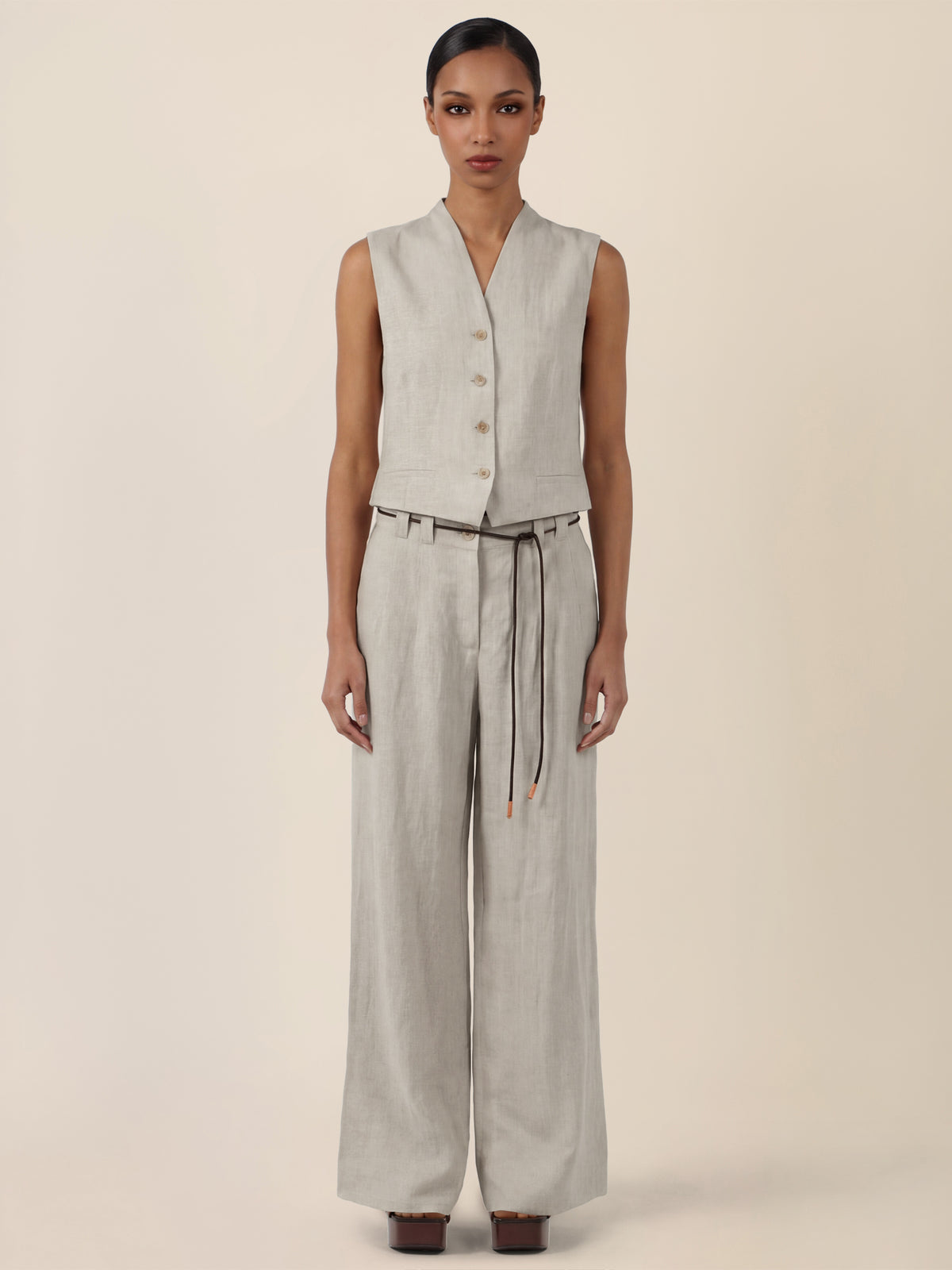 APART Weite Leinenhose mit Gürtel-Detail | beige-meliert